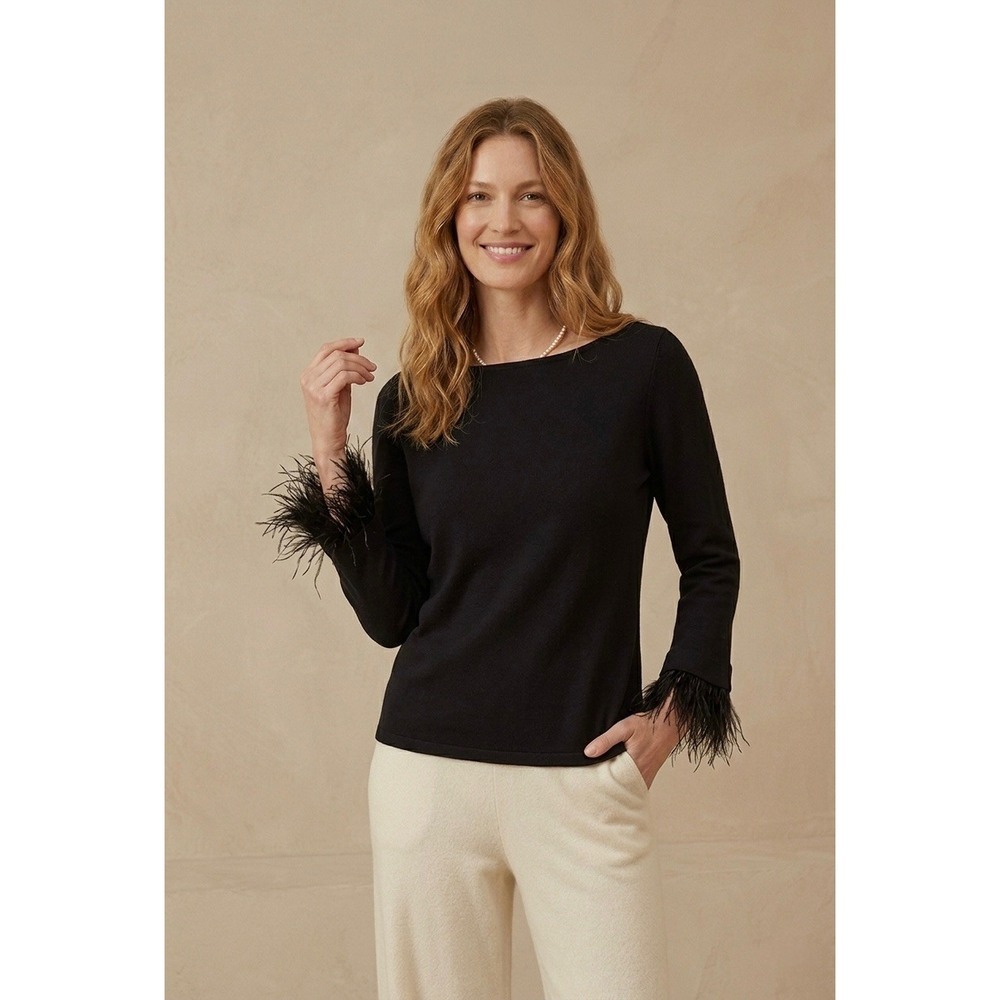 J.Crew Black Boatneck Top with Ostrich Feather Cuffs Cotton Long Sleeve Tee XS
